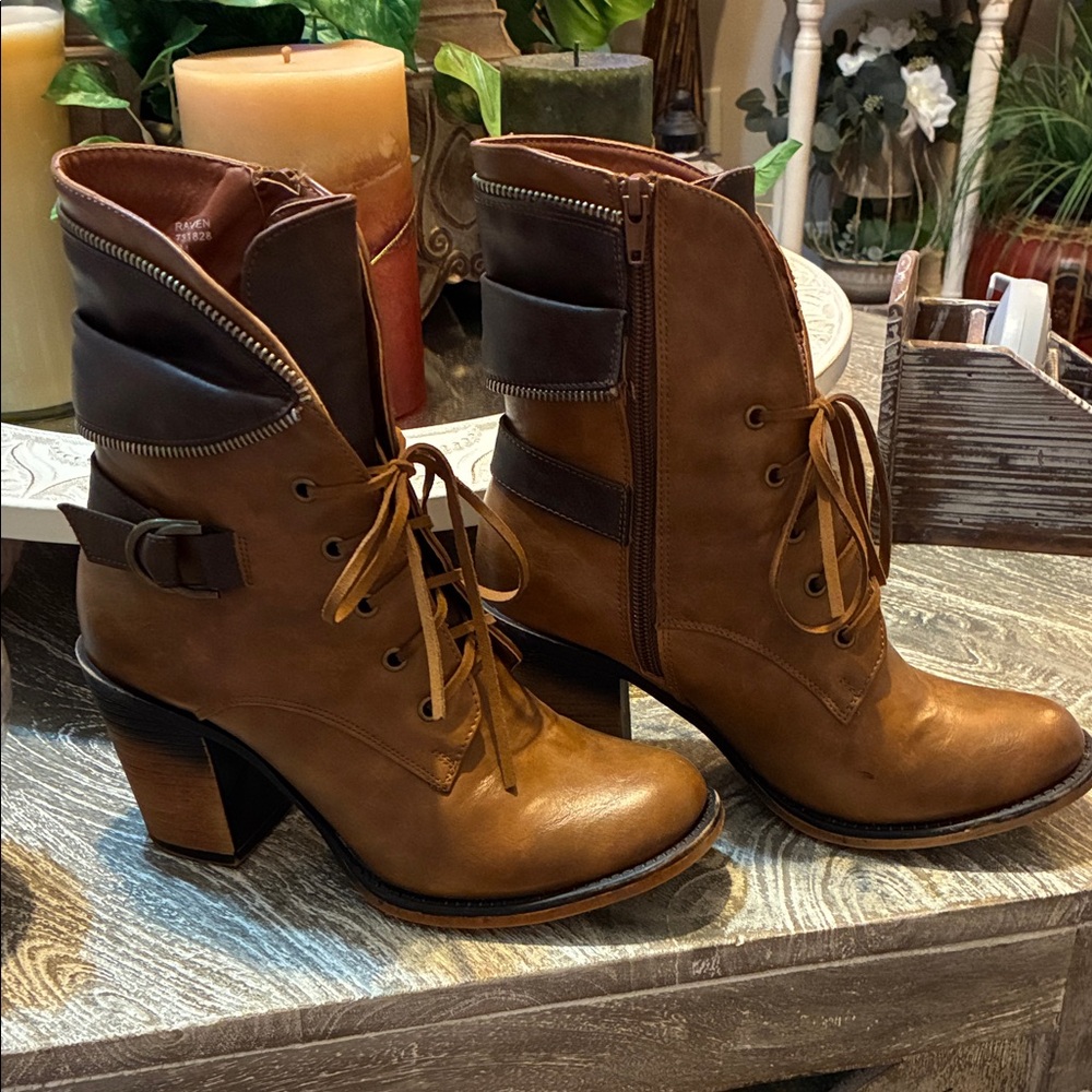 Raven Denim Brown and Black Lace-Up Boots